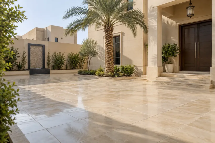 بلاط حوش خارجي تحيط به أشجار النخيل